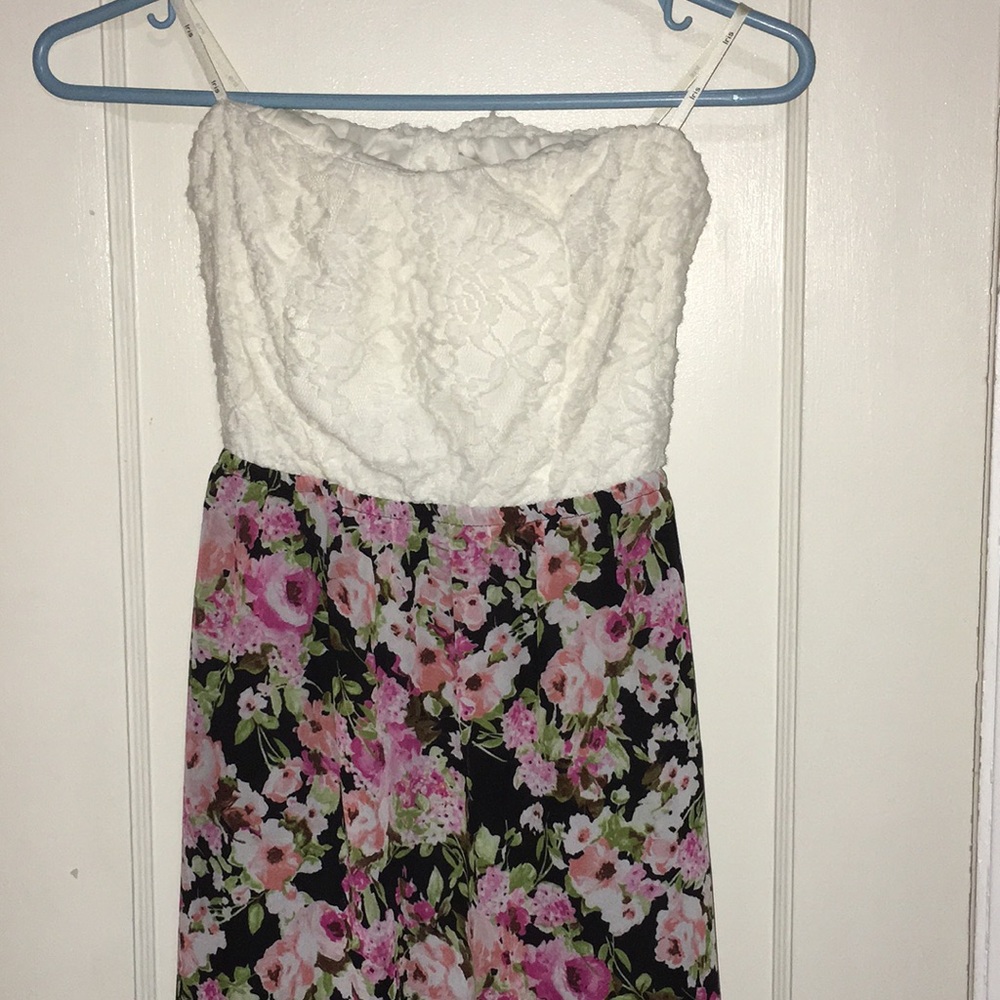 Long floral dress with strapless lace top